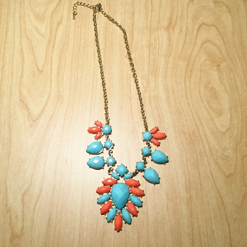 Bright blue faux turquoise +orange teardrop pendant necklace
